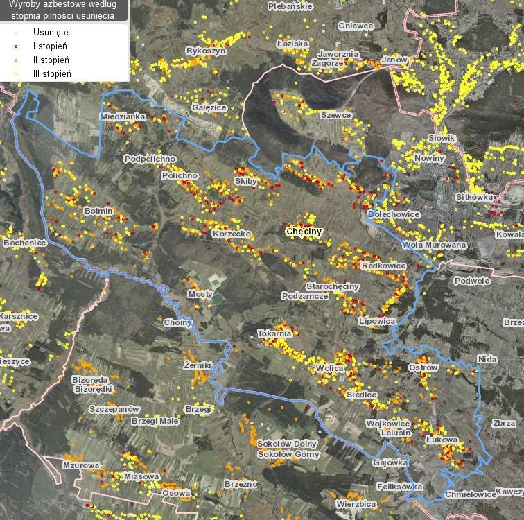 Mapa 4 Obszary gminy na których występuje azbest Źródło: http://esip.bazaazbestowa.gov.pl/geoserwis.