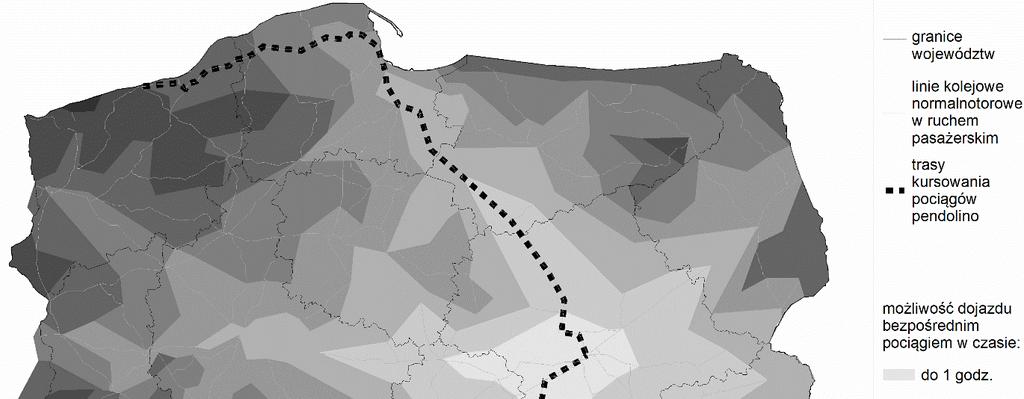 Ryc. 3. Dostępność czasowa koleją do Warszawy w 2016 r. Źródło: opracowanie własne na podstawie rozkładu jazdy PKP 2015/2016 (http://old.rozklad-pkp.pl). Tab. 6.