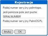 Pierwsze uruchomienie Menedżera Języków poprzedzone zostanie wyświetleniem okna Rejestracja, w którym należy wprowadzić numer seryjny palmtopa oraz otrzymany numer