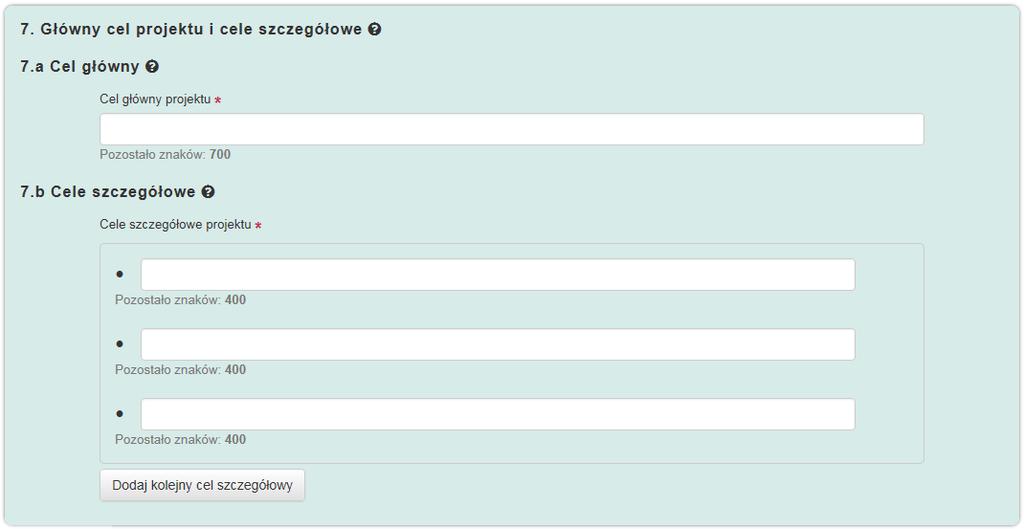 Dobrze zdefiniowany cel projektu powinien spełniać kryteria reguły SMART być jasno sformułowany, mierzalny, osiągalny, istotny i określony w czasie. Należy podać minimum trzy cele szczegółowe.