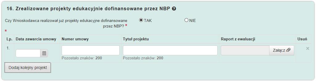Dla każdego projektu należy podać datę zawarcia umowy, numer umowy, tytuł projektu.