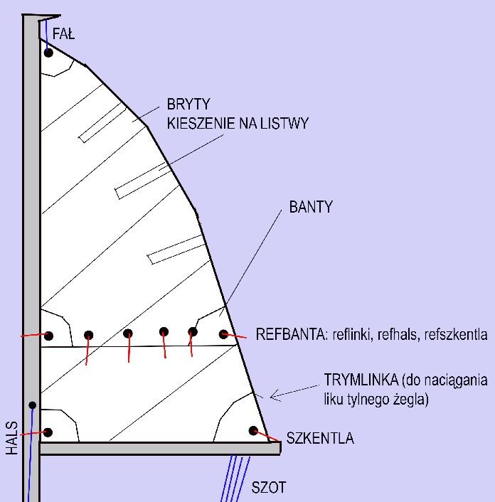 BUDOWA ŻAGLA i OLINOWANIE RUCHOME Budowa żagla trójkątnego nieco różni się od budowy żagla gaflowego, czy też rejowego.