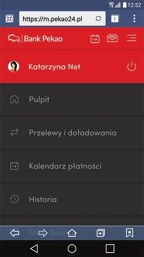 4.2. MENU SERWISU W serwisie mobilnym informacje oraz układ funkcji zostały optymalnie dostosowane do prezentacji na ekranie telefonu. Zakres operacji został zbliżony do serwisu internetowego Pekao24.