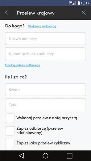 Wprowadź nazwę i numer rachunku odbiorcy, kwotę oraz tytuł przelewu. Następnie zatwierdź operację kodem jednorazowym zgodnie z wybraną wcześniej metodą autoryzacji.