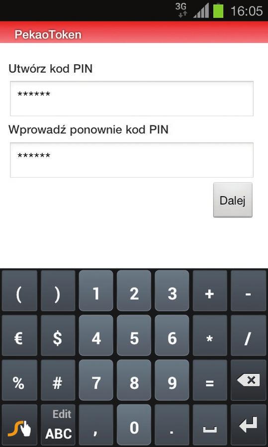Po poprawnym wprowadzeniu kodu aktywacyjnego utwórz swój kod PIN do PekaoTokena. PIN może mieć długość od czterech do dziesięciu cyfr. UWAGA!