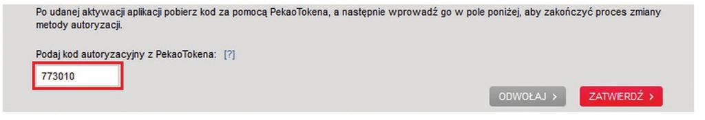 Wygenerowany kod wprowadź w serwisie lub podaj konsultantowi i zatwierdź operację. Otrzymasz potwierdzenie zmiany metody autoryzacji na PekaoToken.