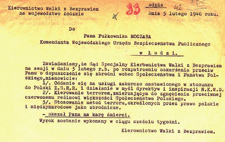 Fot. AIPN Wyrok śmierci wydany na szefa WUBP w Łodzi Mieczysława Moczara