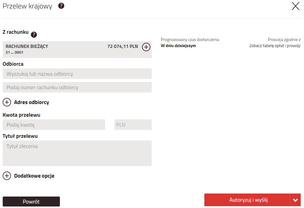 Panel nawigacyjny panel umożliwiający korzystanie z aplikacji z elementami w kolejności: a. pola wyszukiwania umożliwiająca wyszukiwanie Odbiorców, przelewów, zleceń, itd. b.
