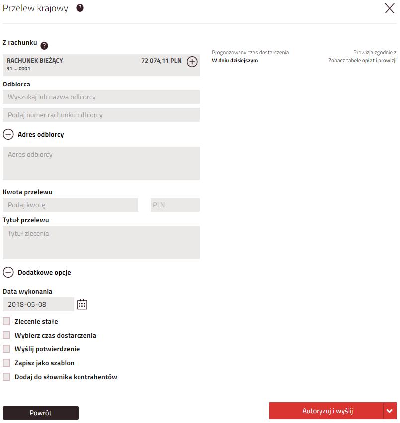 W przypadku rozwinięcia sekcji [Adres odbiorcy] oraz [Dodatkowe opcje], system zaprezentuje ekran: Użytkownik
