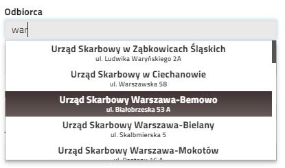 b. wprowadzenie nazwy organu podatkowego w polu [Odbiorca].