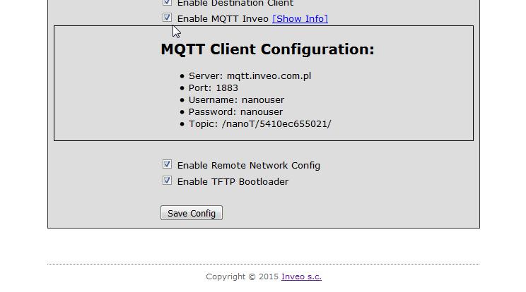 6.11 Komunikacja przez protokół MQTT Inveo. Jeżeli w menu Administration została aktywowana usługa MQTT Inveo to moduł wysyła na serwer mqtt.inveo.com.