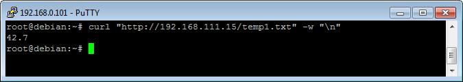 Przykład odczytu temperatury poleceniem CURL. Uwaga: Dostęp do zasobu stat.php wymaga wprowadzenia autoryzacji. Dostęp do zasobów status.xml oraz temp1.txt nie wymaga autoryzacji. curl "http://192.