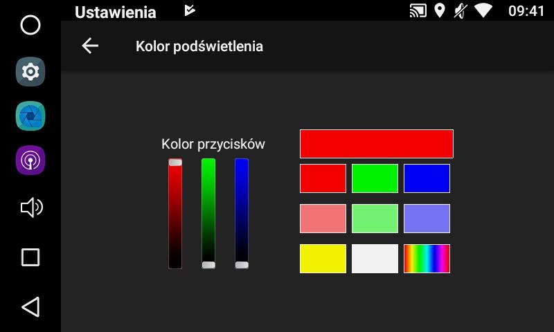 Ustawienia Pojazd Kolor podświetlenia Dotknij Kolor podświetlenia i wybierz oczekiwany kolor podświetlenia przycisków (rys 9).