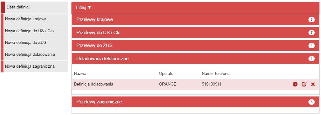 118 Definicje doładowań można przeglądnąć po kliknięciu belkę o nazwie Doładowania telefoniczne(rys. 11.33) Rysunek 11.