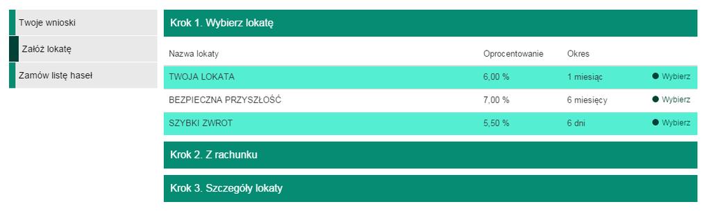 128 Wnioski 12.1 Założenie lokaty Kolejna pozycja w bocznym menu, to wniosek o lokatę. Aby złożyć taki wniosek, należy wykonywać czynności krok po kroku, zgodnie z tym, jak nawiguje program.