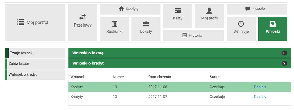 17: Wniosek o kredyt Złożone wnioski Złożone wnioski widoczne są w zakładce Twoje