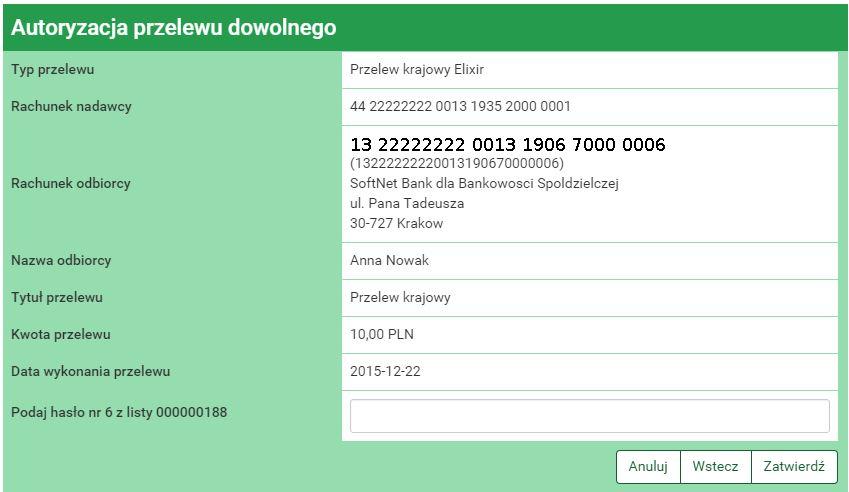 4.1 Nowy przelew 21 Rysunek 4.6: Wykonywanie przelewu krajowego podsumowanie przycisk Zatwierdź.