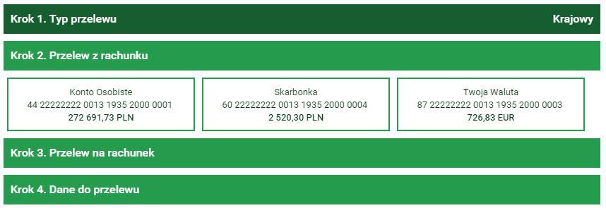 11: Wykonanie przelewu krok 1 Po wybraniu rodzaju przelewu następuje przejście do kroku 2 o nazwie Przelew z rachunku, w którym użytkownik wybiera rachunek, z którego zostaną pobrane środki do