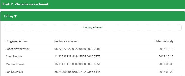 46 Przelewy Rysunek 4.41: Nowe zlecenie stałe krok 1 Rysunek 4.42: Nowe zlecenie stałe krok 2 Drugi krok tworzenia nowego zlecenia pozwala użytkownikowi wybrać rachunek odbiorcy.