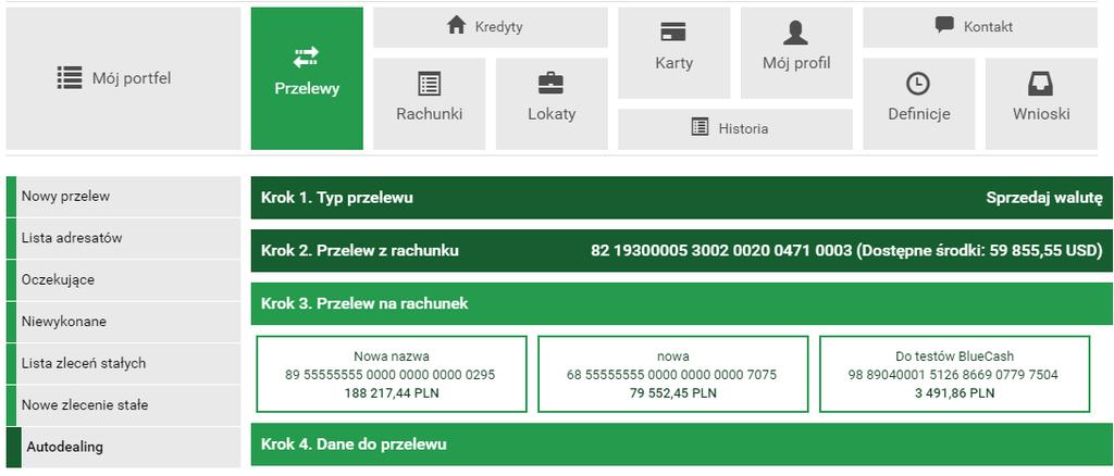 Kliknięcie na wybrany rachunek spowoduje automatyczne przejście do kroku 4. Rysunek 4.50: Krok 3. - Autodealing - Przelew na rachunek Krok 4. (rys. 4.51) zawiera dane do przelewu.