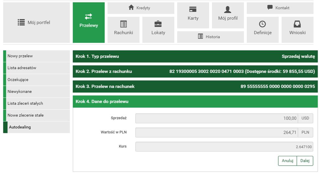 4.8 Autodealing 53 przycisk Dalej powoduje przejście do formularza autoryzacji przelewu (rys. 4.52). Rysunek 4.51: Krok 4. - Autodealing - Dane do przelewu Rysunek 4.