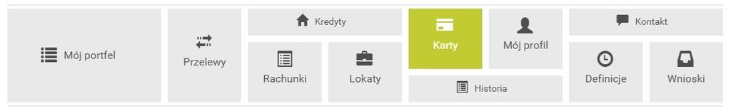 Rozdział 8 Karty Zakładka umożliwia podgląd kart debetowych i kredytowych wraz z dostępem do szczegółowych informacji o nich. Do kart można dostać się po wybraniu zakładki Karty w górnym Menu (rys.8.1) bądź też dla kart kredytowych z poziomu Mojego portfela, z belki Karty kredytowe Rysunek 8.