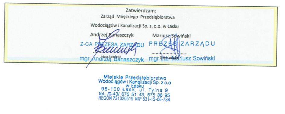 MIEJSKIE PRZEDSIĘBIORSTWO WODOCIĄGÓW I KANALIZACJI Sp. z o.o. TEKST UJEDNOLICONY AKTUALNY NA DZIEŃ 10.04.2017r. Łask dnia 24 lutego 2017 r.