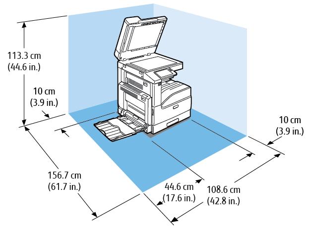 Specyfikacje Wymagane wolne miejsce Wymagania dotyczące wolnej przestrzeni w przypadku modelu podstawowego Szerokość: 108,6 cm (42,8 cala) Głębokość: 156,7 cm (61,7 cala) Wysokość: 113,3 cm (44,6