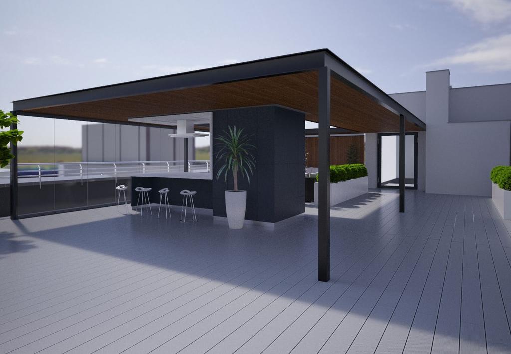 Na powierzchni blisko 300 m² zaprojektowano: przestronną pergolę osłaniającą od słońca przytulne siedziska: sofy, fotele, stoliki, krzesła zadaszoną część barową z kuchnią letnią strefy zieleni