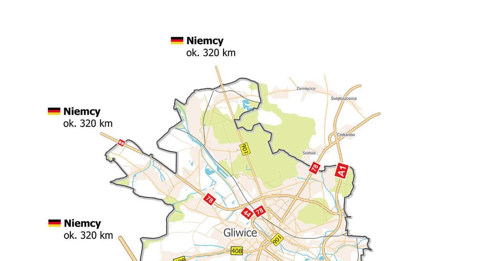 Mapa 3. Autostrady, drogi krajowe i wojewódzkie przechodzące przez Gliwice Źródło: Colliers International, luty 20