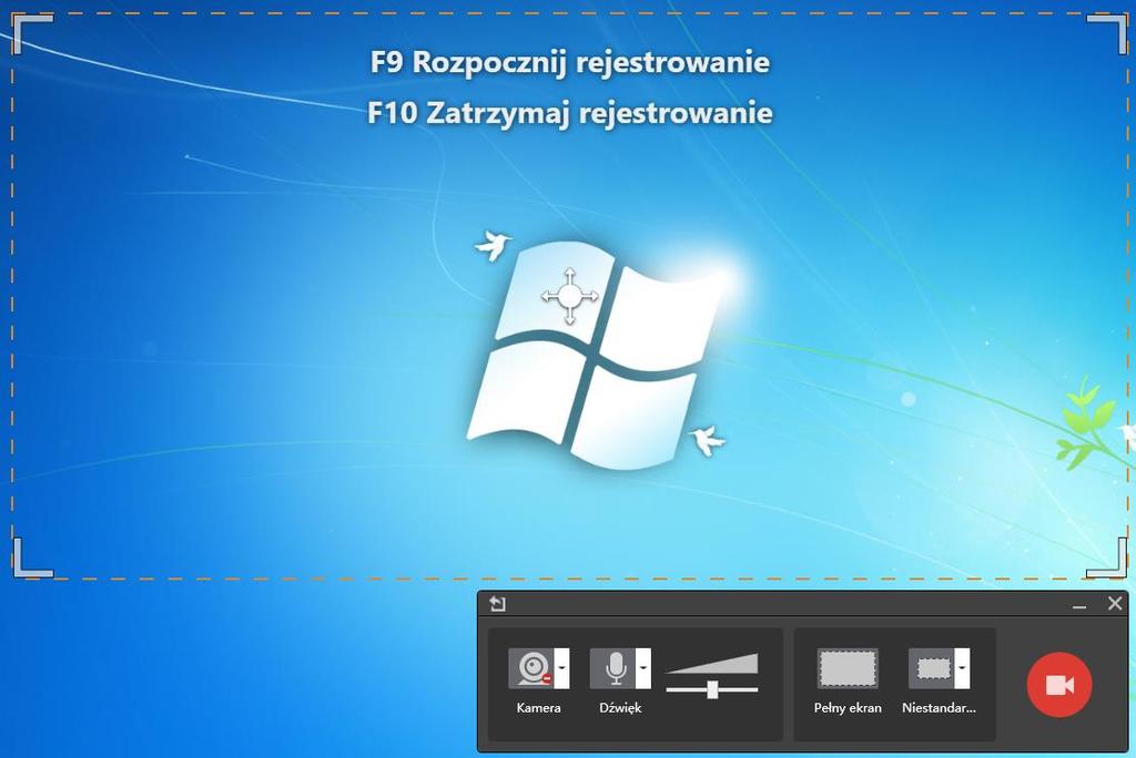 Rys. 3-1-1 Konfigurowanie ustawień 1 Aby zmienić wielkość i kształt obszaru nagrywania, kliknij odpowiednie uchwyty narożników obszaru nagrywania i przeciągnij je w żądane miejsca.