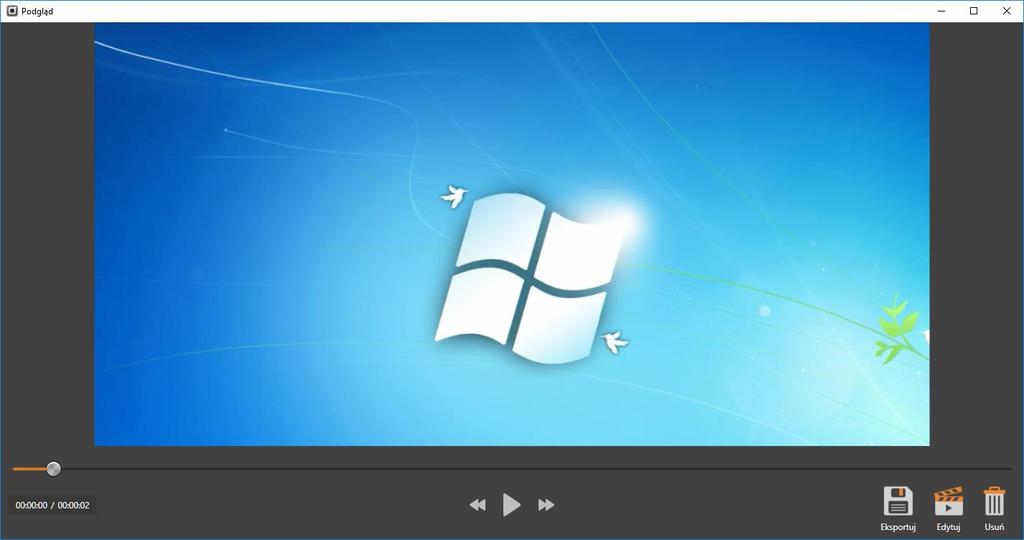 Rys. 3-1-3 Interfejs podglądu nagrania 1 Eksportuj: Aby zapisać nagranie wideo na dysku lokalnym komputera w pliku *.mp4, kliknij. 2 Edytuj: Aby wyświetlić narzędzia edycji, kliknij.