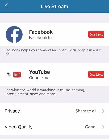 3. Nacisnąć czerwony przycisk, a następnie nacisnąć symbol Facebooka lub YouTube. 4. Otworzy się okno przeglądarki, w którym będzie można zalogować się do serwisu Facebook Live lub YouTube.