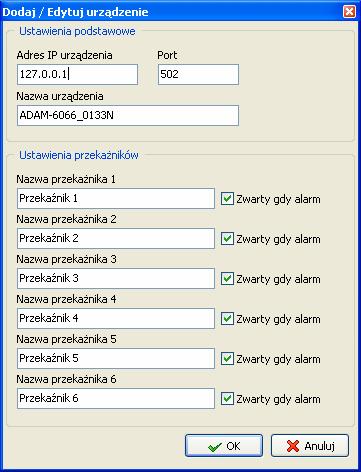 Nazwa przekaźnika X pozwala na nadanie nazwy poszczególnym wyjściom przekaźnikowym modułu; Zwarty gdy alarm pozwala na określenie logiki działania poszczególnych wyjść przekaźnikowych, tzn.