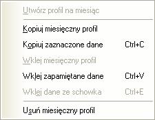 Rys. 166: Menu podręczne (tabela danych godzinowych) 18.2 Analiza profili Analiza profili pozwala na szybkie sprawdzenie czy profil dla danego miesiąca jest utworzony i posiada komplet danych.