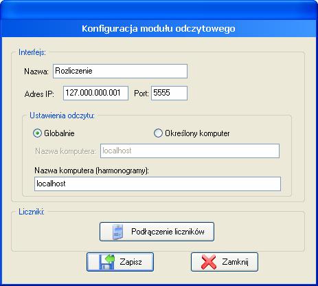 Podłączenie liczników powoduje otwarcie okienka z polami, w których wybiera się udostępniane dane z liczników.