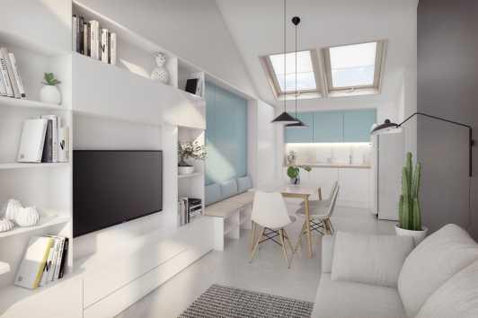 PIĘTRO 5 M39 Niekonwencjonalny apartament o powierzchni 8,86 m składający się z salonu z aneksem kuchennym oraz łazienki.