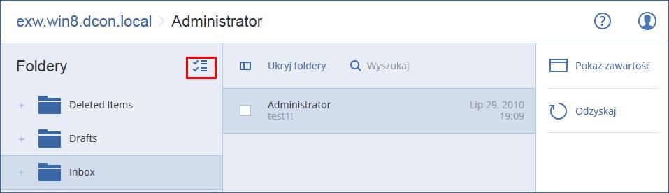 Aby mieć możliwość wybrania folderów, kliknij ikonę odzyskiwania folderów. 8. Kliknij Odzyskaj. 9. Aby odzyskać do usługi Office 365, wybierz Microsoft Office 365 w polu Odzyskaj do.