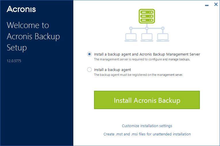 4. Zostaw domyślne ustawienie Zainstaluj agenta kopii zapasowych oraz serwer Acronis Backup Management Server. 5. Wykonaj dowolne z następujących czynności: Kliknij Zainstaluj program Acronis Backup.