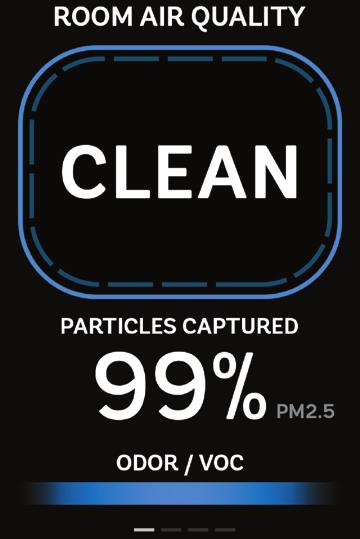 Funkcje wyświetlacza: Pomiar i efektywność pracy: opcja prezentuje status aktualnej jakości powietrza łącznie z bieżącym procentowym poziomem usuniętych przez urządzenie zanieczyszczeń.