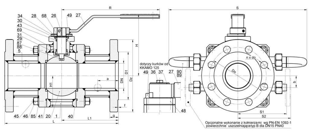 Kurek kulowy kołnierzowy typ KKAMO DN50-250 nr kat.: 1587-0.2/2011 Ball Valve type KKAMO DN 50 250 Cat. No. 1587-0.2/2011 for ball valves from KKAMO 125 optional execution with flanges acc.