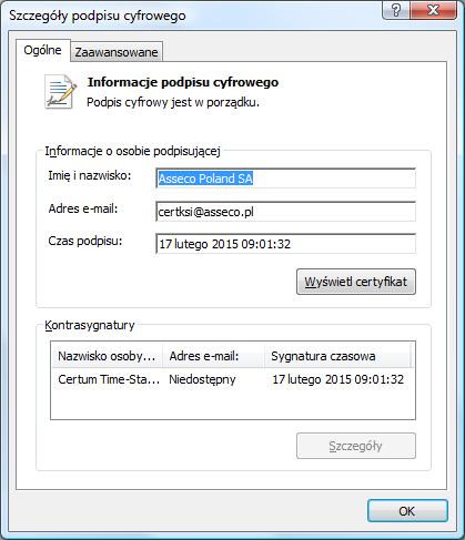 Rysunek 156. Walidacja podpisu szczegóły podpisu cyfrowego Możesz również sprawdzić czas podpisania pliku na liście współpodpisów.