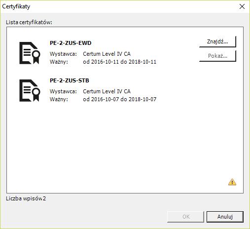 Rysunek 39. Lista wyboru certyfikatu po nałożeniu filtra wyszukiwania 4.2.
