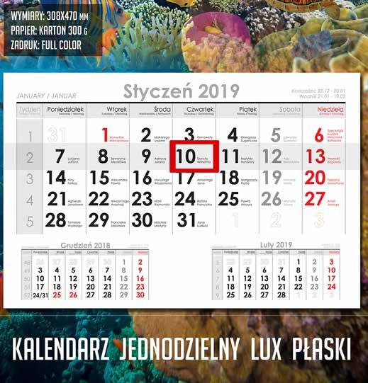 KALENDARZ JEDNODZIELNY LUX PŁASKI 295x195 mm 260 mm 295x40 mm 100 100 kalendarzy w kartonie 308x470 mm, główka drukowana w całości z pleckami 308x260 mm, karton 300 g,