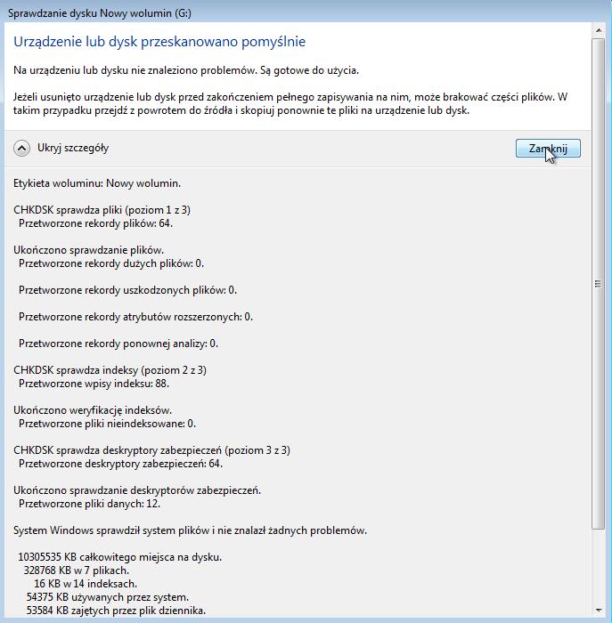 Kliknij prawym przyciskiem myszy w dowolnym miejscu na białej przestrzeni obszaru folderu na dysku G:> Właściwości>zakładka Narzędzia> Sprawdź teraz> Kontynuuj.