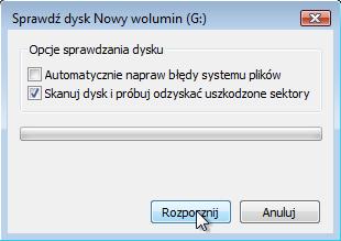 Usuń zaznaczenie obok Automatycznie napraw błędy systemu plików.