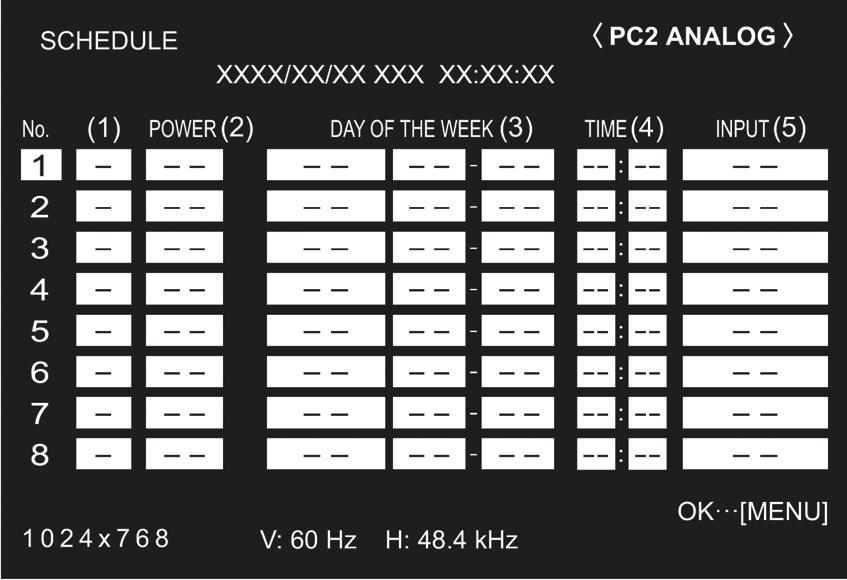 Elementy menu Funkcja SCHEDULE Istnieje możliwość zaprogramowania automatycznego planu włączania i wyłączania monitora. Opisywana funkcja dostępna jest w menu OPTION. (Patrz strona 19.