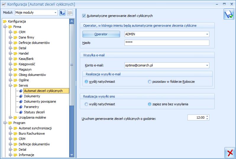 Rys 65. Okno konfiguracji Automatu Zleceń Cyklicznych Operator operator, w imieniu którego będą generowane automatyczne zlecenia cykliczne. Hasło hasło wybranego operatora (jeśli zostało ustawione).