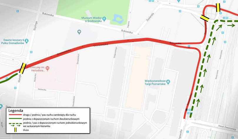 Szczegółowe informacje o poszczególnych odcinkach trasy Okolice MTP Utrudnienia w, przewidywane godziny utrudnień Roosevelta Bukowska Mostu Dworcowego / Głogowskiej do Ronda Kaponiera Roosevelta do