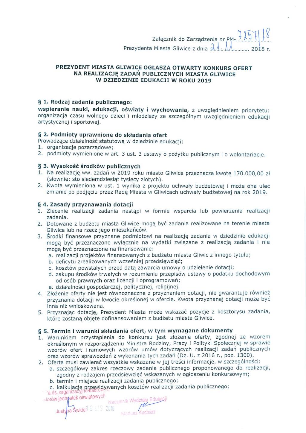 Załącznik do Zarządzenia nr Prezydenta Miasta Gliwice z dnia 20 8 r PRezYoei~i1' MIASTA Guwlce ogłasza o1'war1'y i oni urs oi=er'r NA REAi.